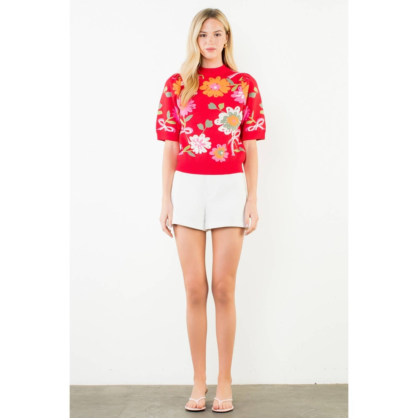 Short Sleeve Floral Detail Knit Top: RED / XS-S-M-L(1-2-2-1)