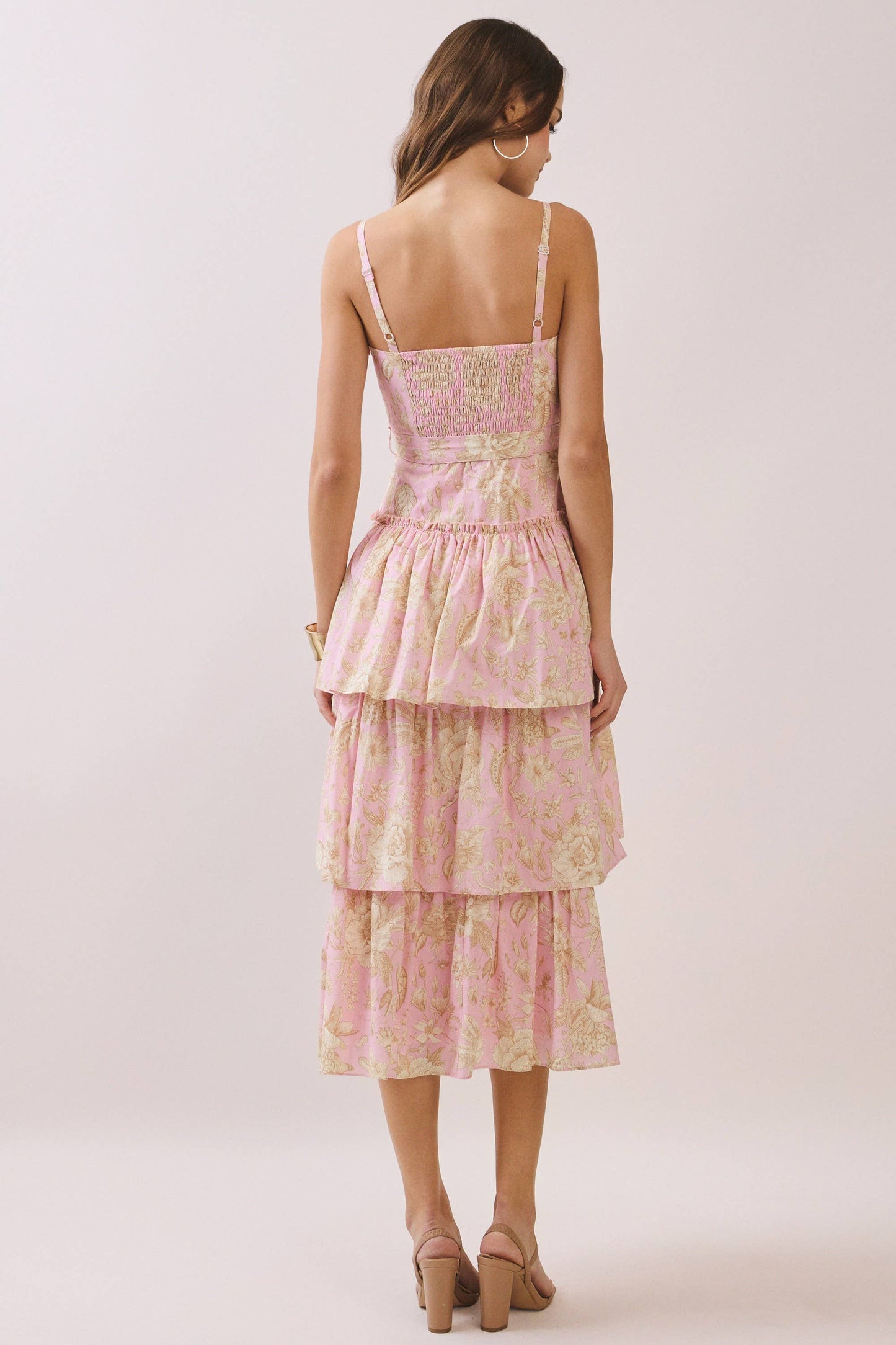 CD06782-Floral Print Square Neck Tiered Ruffle Midi Dress: Pink / M