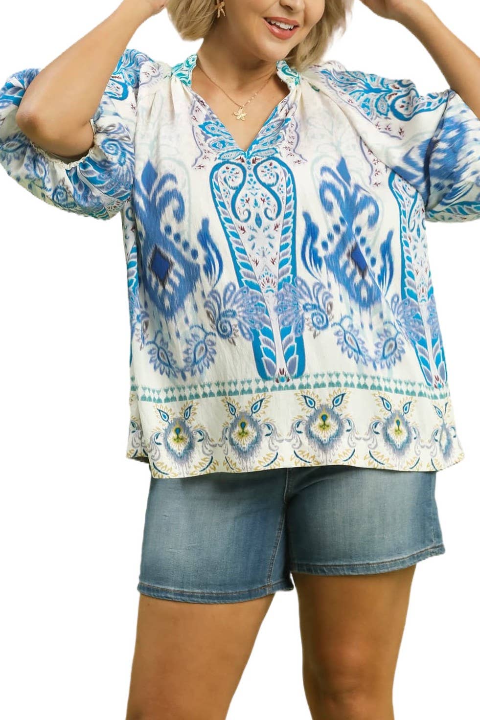 Plus Boho Border Print Top: CERULEAN / 1-1-1(XL-1XL-2XL)