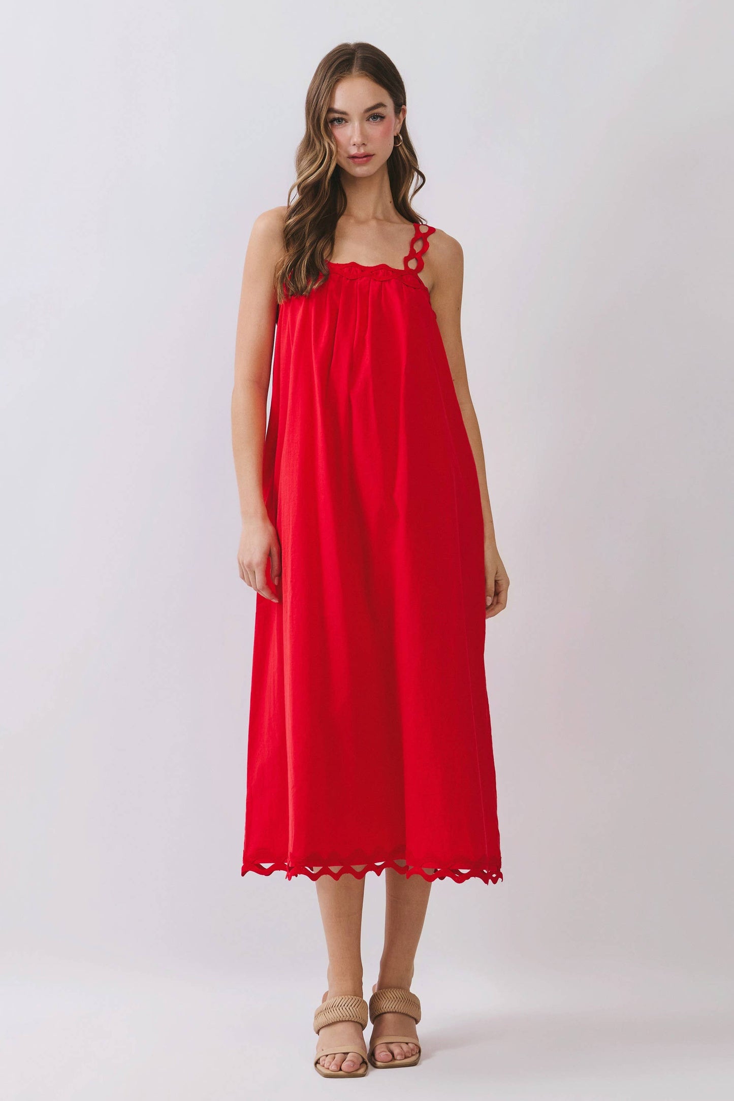 CD07116-Scallop Strap Relaxed Fit Midi Dress: Blue / M