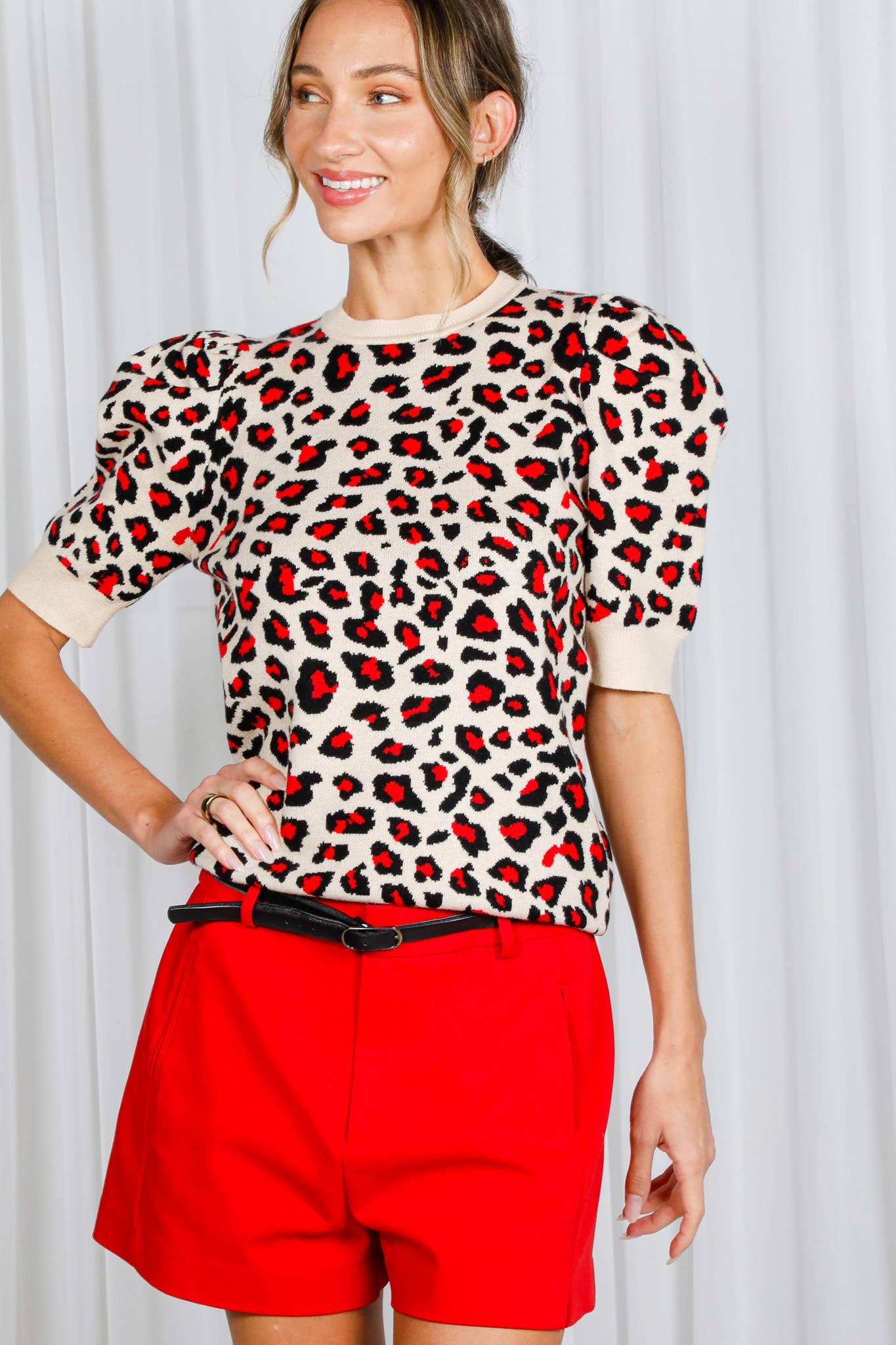 Leopard Crew Neck Jacquard Knitted Sweater Top VT81344E: Brown / M