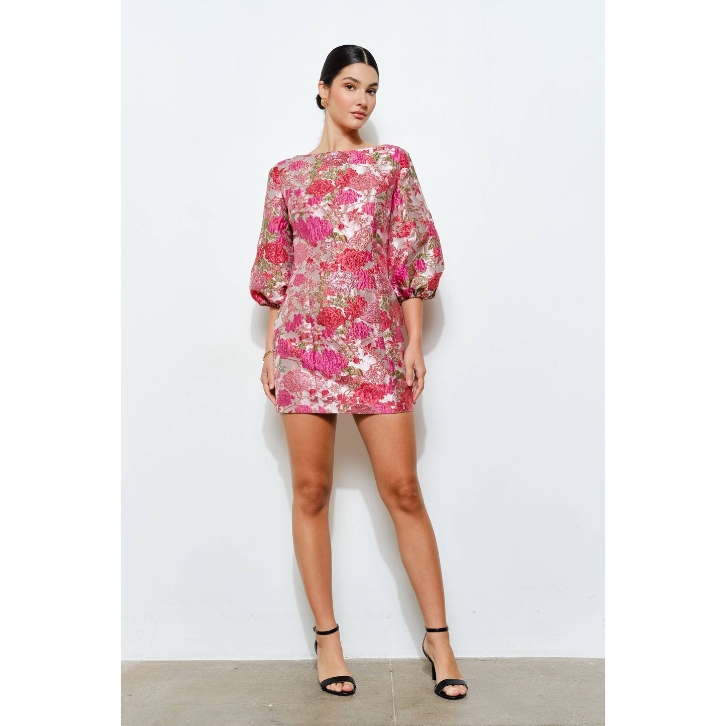 Luxe Metallic Floral Jacquard 3/4 Puff Mini Dress: CORAL / M
