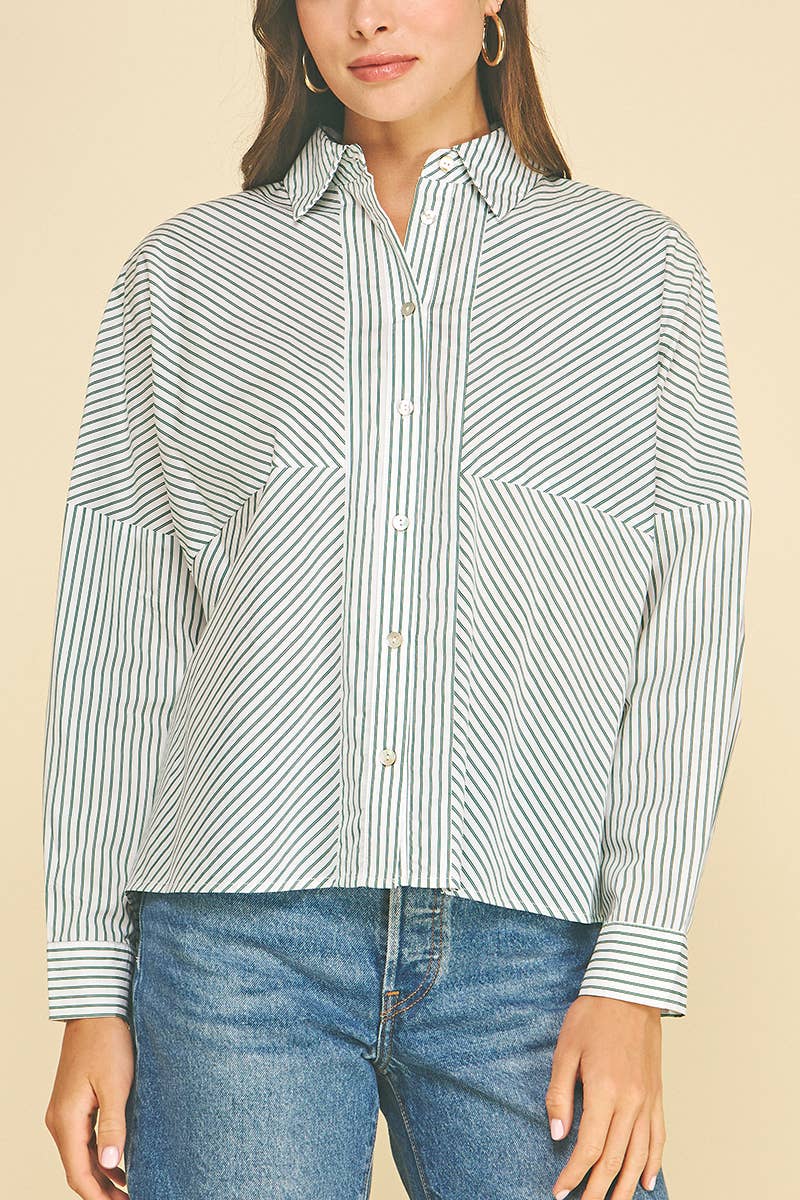 STRIPED BUTTON DOWN SHIRT WITH BLOCKING DETAIL - 6697T: Green / S