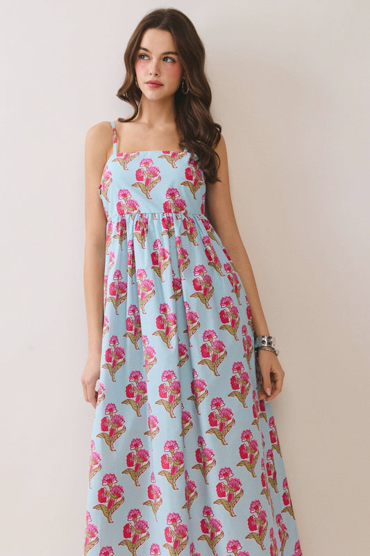 CD06721-Floral Print Gathered Waist seam Maxi Dress: MULTI / L