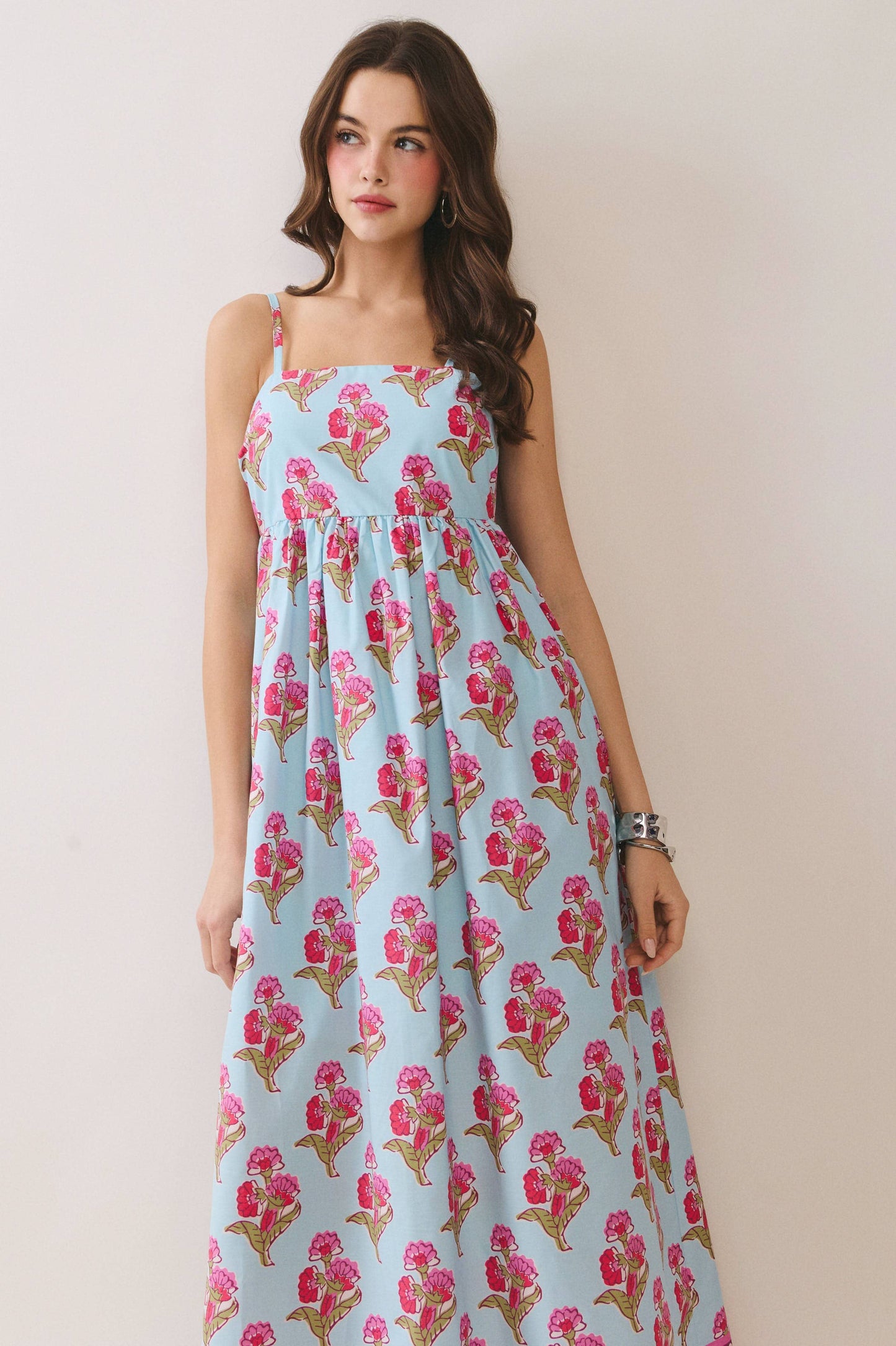 CD06721-Floral Print Gathered Waist seam Maxi Dress: MULTI / M