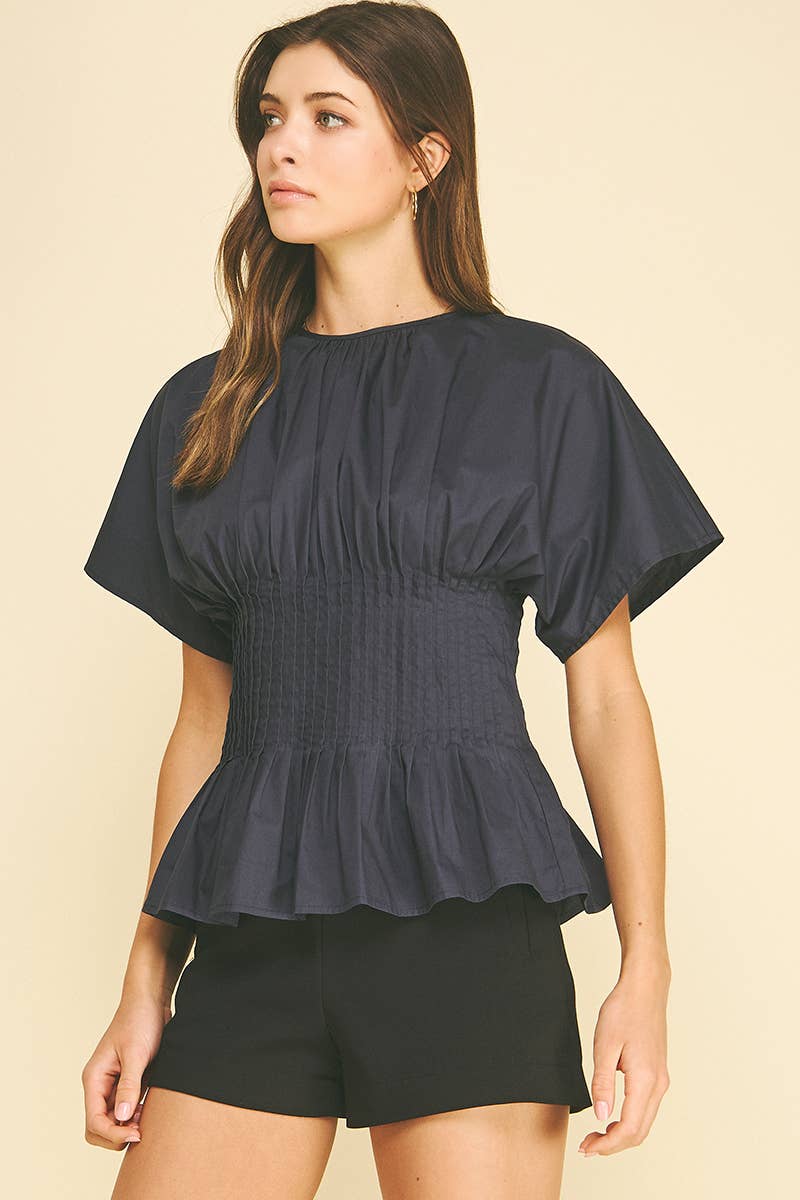 PLEATED WAIST PEPLUM TOP - 7090T: NAVY / L