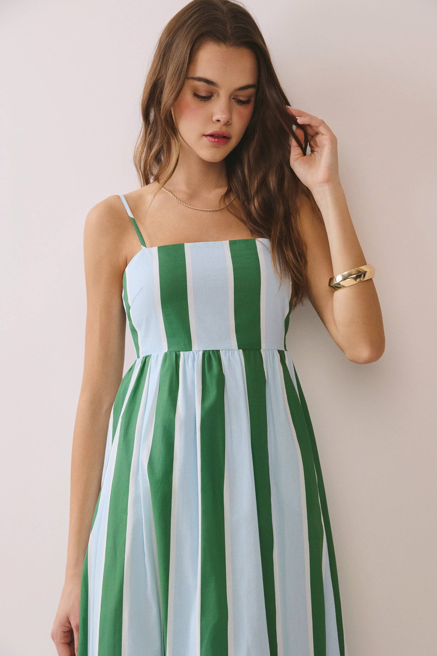 CD06828-Striped Back Smocked Detail Side Pocket Maxi Dress: Green / S