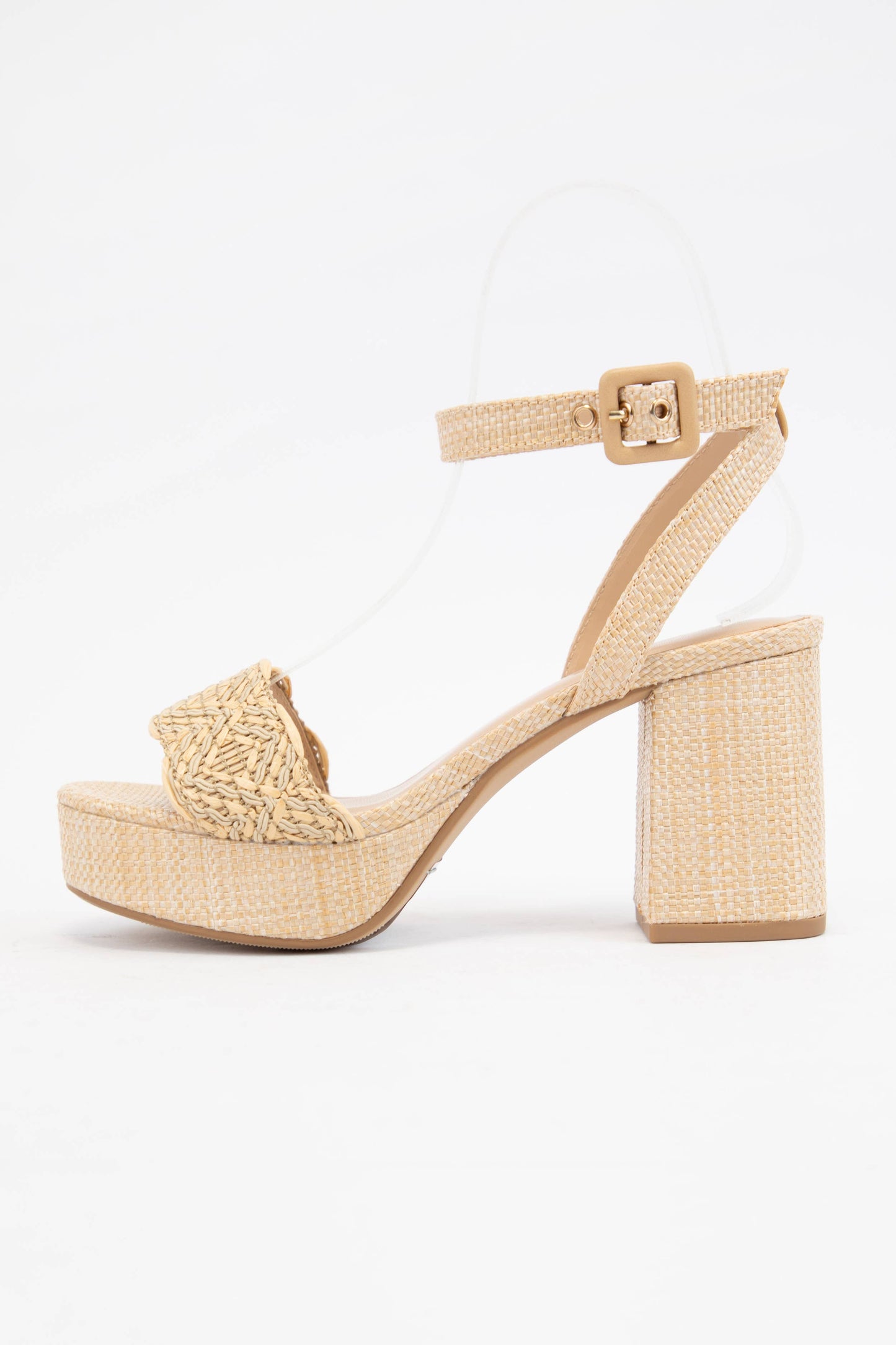 SNOOZE RAFFIA CHUNKY PLATFORM ANKLE STRAP HEELS: NATURAL RAFFIA / B16