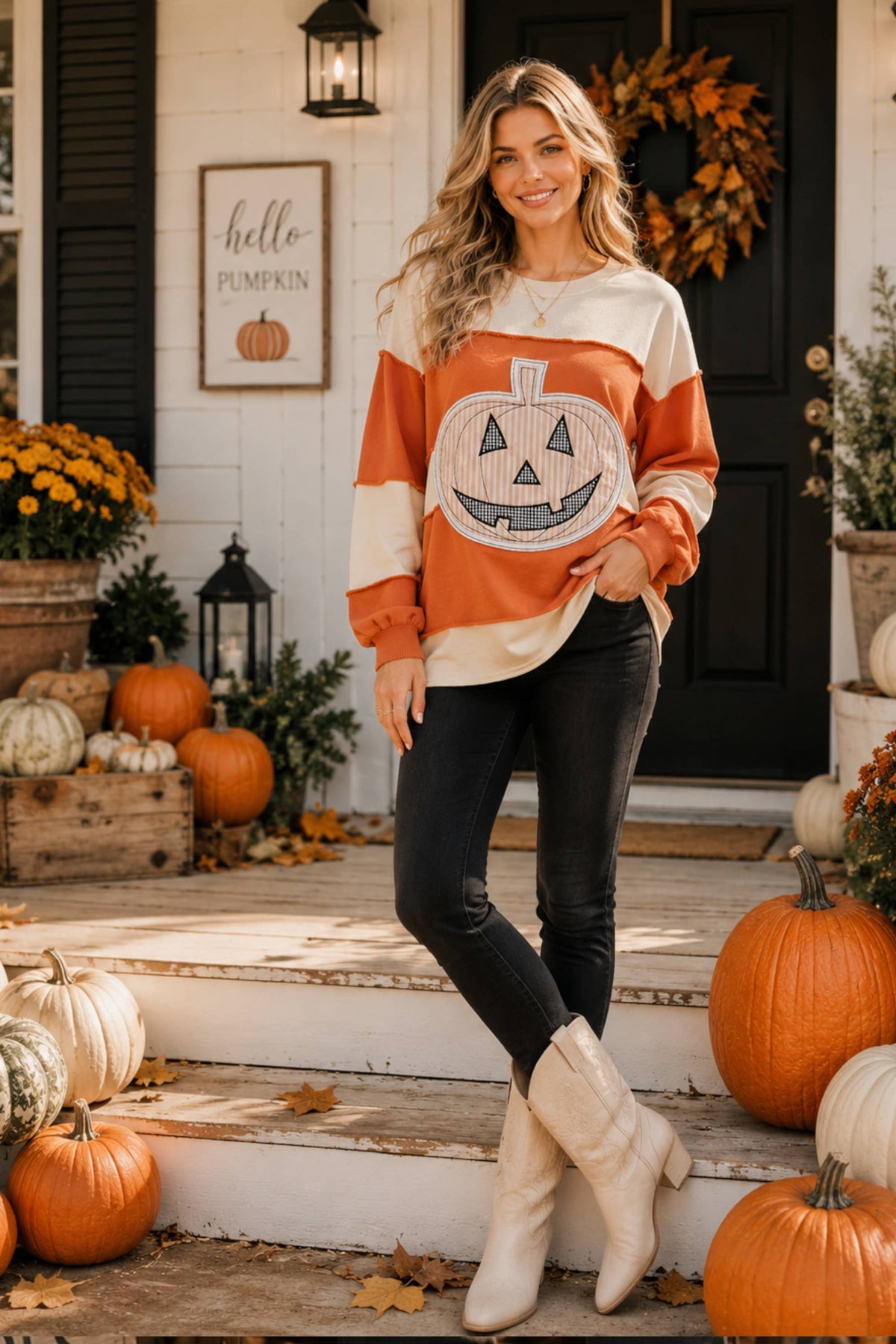 Pumpkin Appliqué Color Block Pullover: BURNT ORANGE/CREAM / S-M-L (2-2-2)