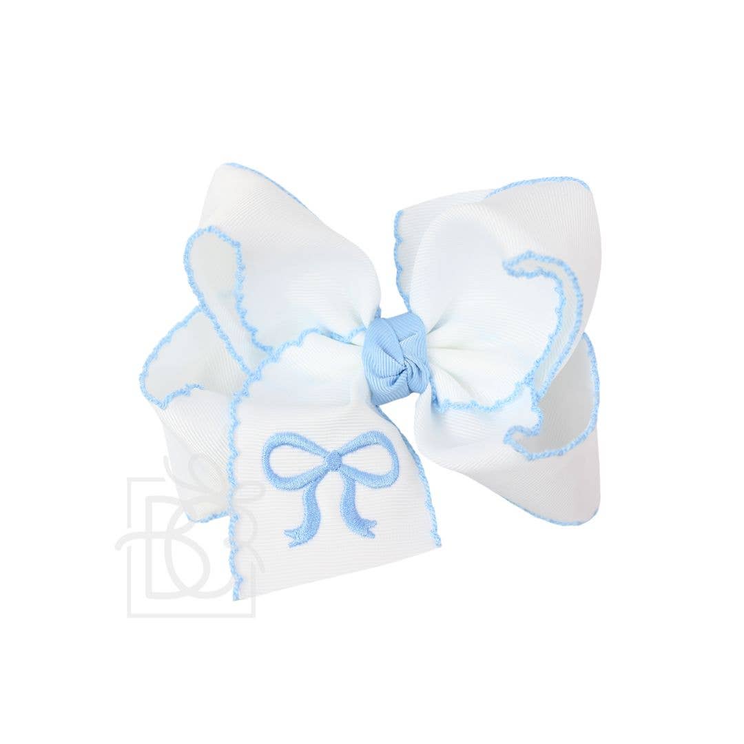 EMBROIDERED BOW CROCHET EDGE HAIR BOW ON ALLIGATOR CLIP : White/Light Pink / 4.5" Large