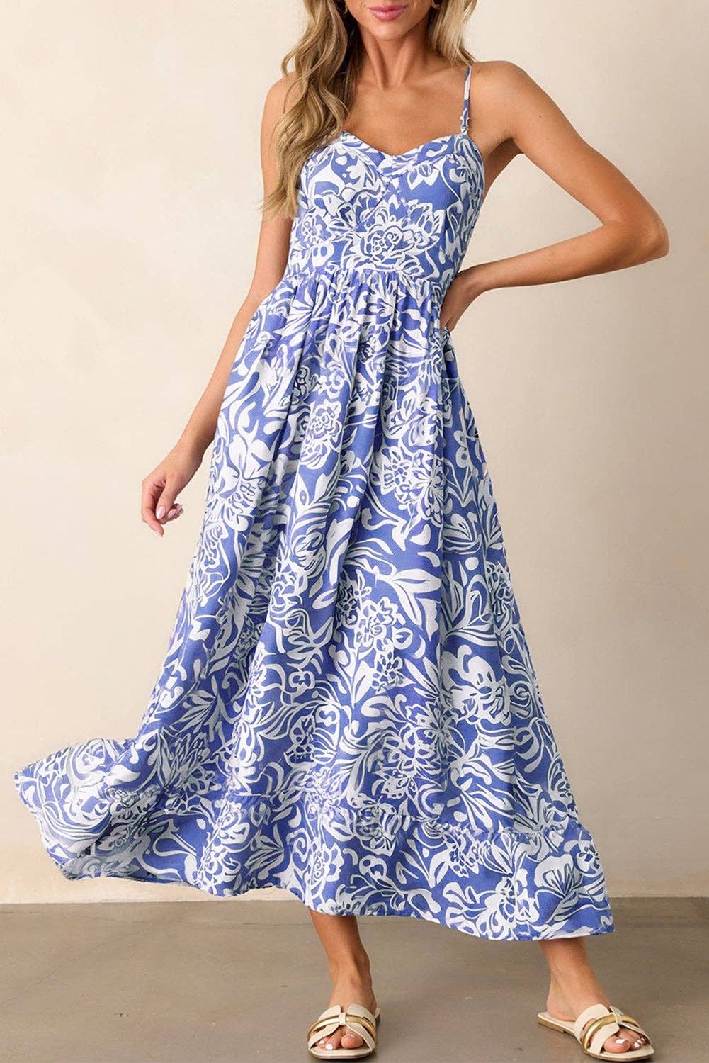 Sky Blue Floral Print Spaghetti Strap High Waist Maxi Dress: Sky Blue / 100%Polyester / M