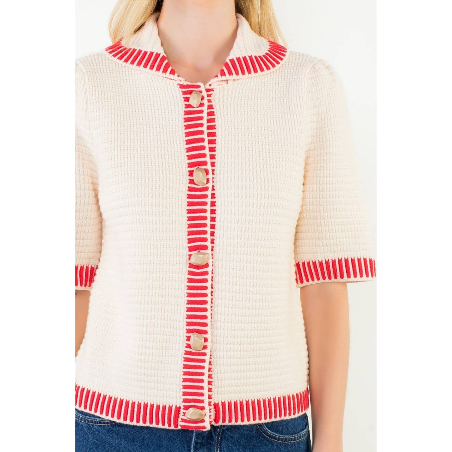 Short Sleeve Button Front Knit Top: CREAM / XS-S-M-L(1-2-2-1)