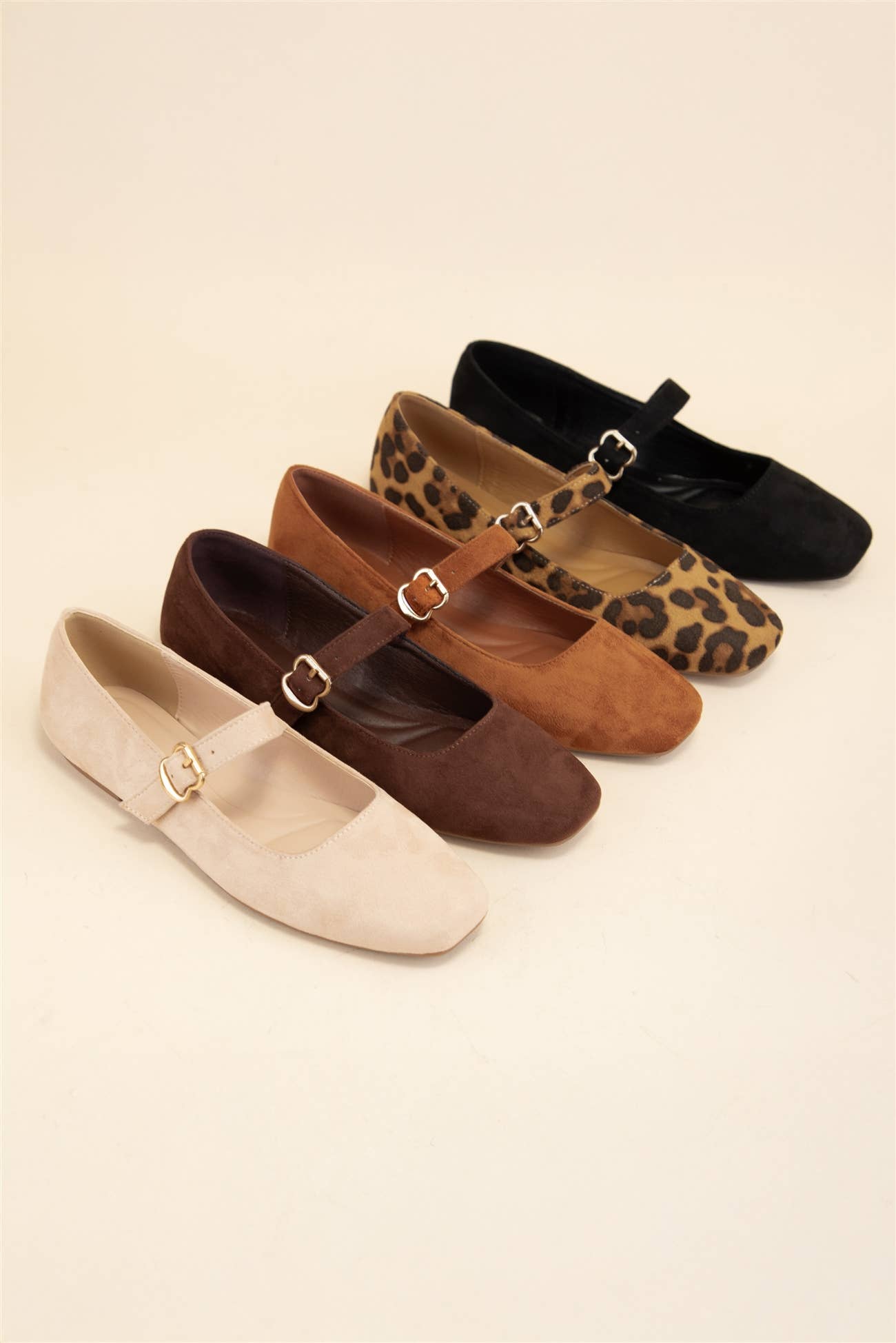 CHARLOTTE-10 BUCKLED STRAP SOFT SQUARE TOE MARY JANE FLATS: LEOPARD SUEDE / B12