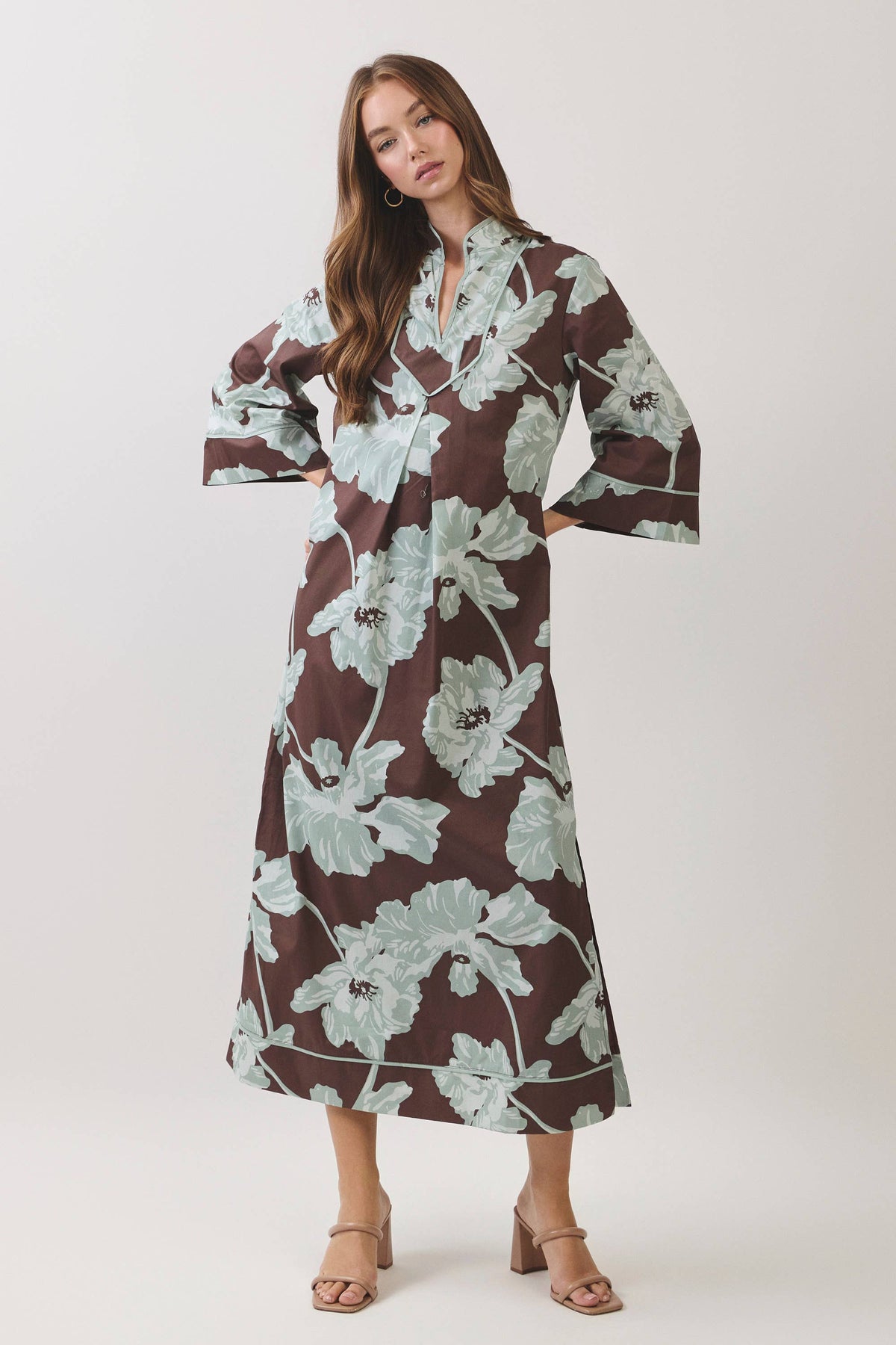 CD07560-Floral Print Caftan Maxi Dress: Chocolate / L