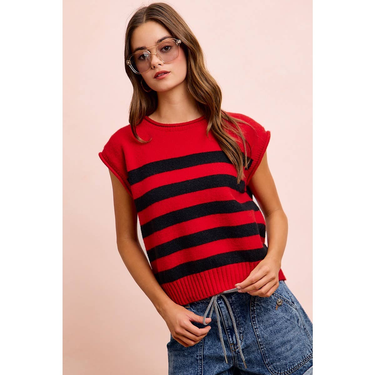 GAMEDAY THEME STRIPED SLEEVELESS KNIT TOP: RED/BLACK / L