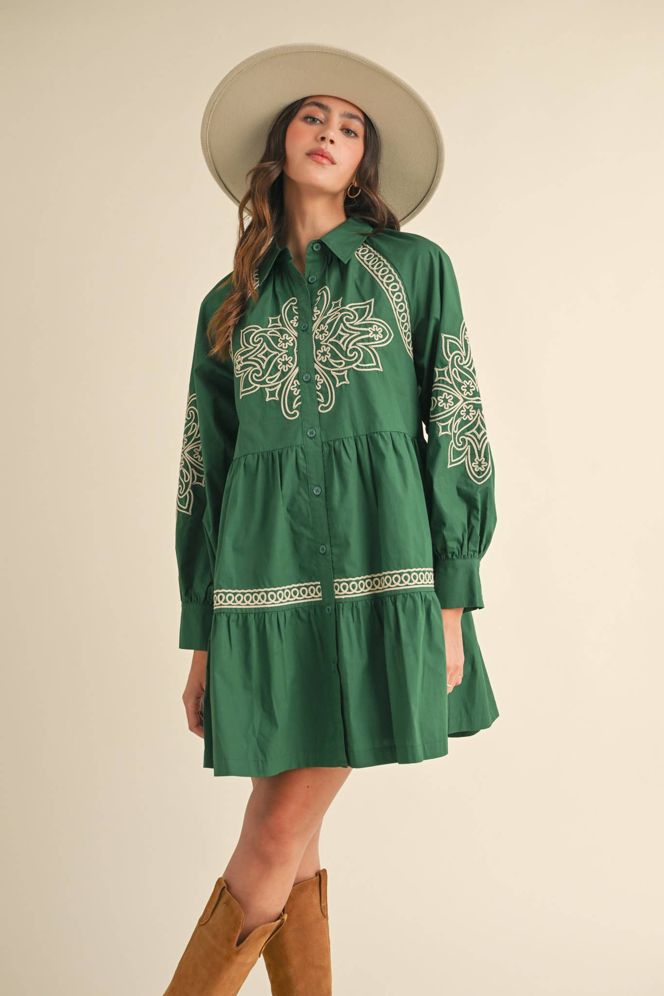 EMBROIDERED BUTTON DOWN MINI DRESS MDR3513: Hunter Green / M