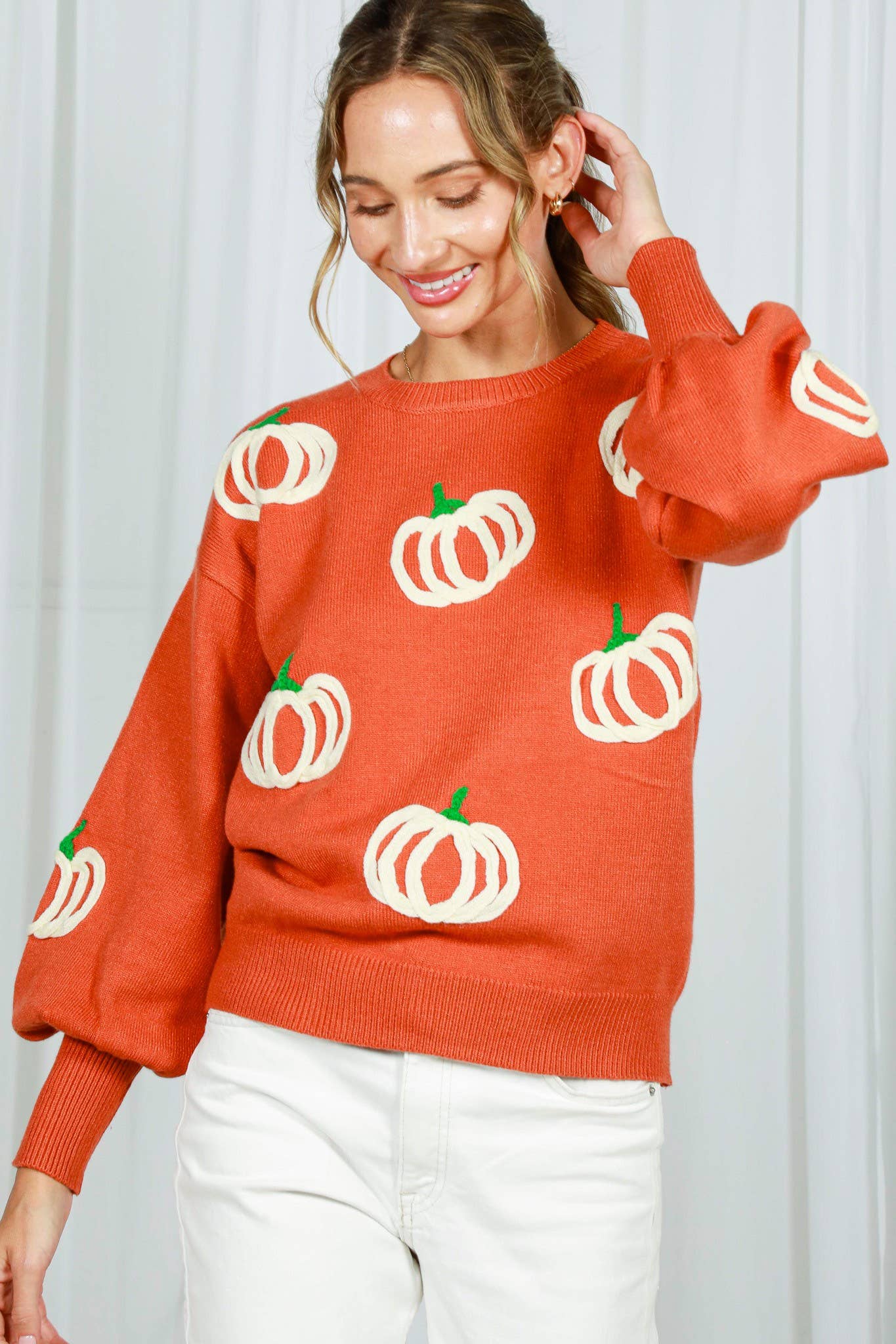 Pumpkin Embroidered Crew Neck Knitted Sweater Top VT82559: Cream / M