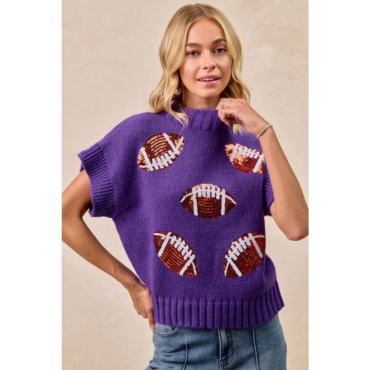 SEQUIN FOOTBALL PATCHES RIB BANDED SWEATER: OATMEAL / XL