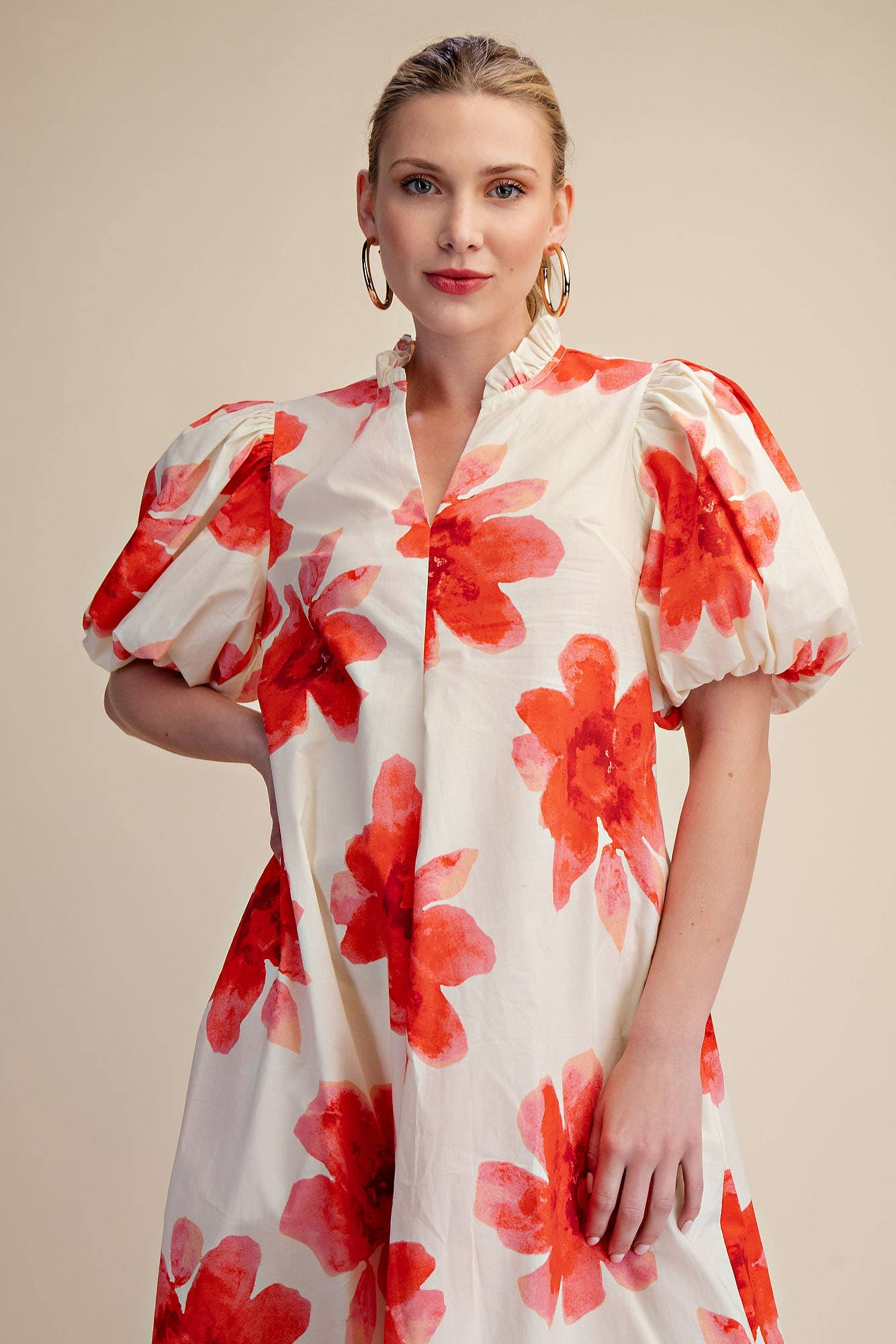 Ruffle V-Neck Puff Sleeve Waist Pleated Midi Dress: Sky / M