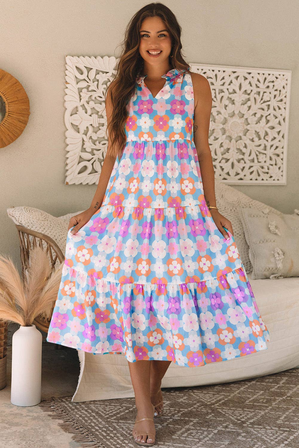 Floral Print Frilly Neck Sleeveless Tiered Maxi Dress: Sky Blue / 100%Polyester / S