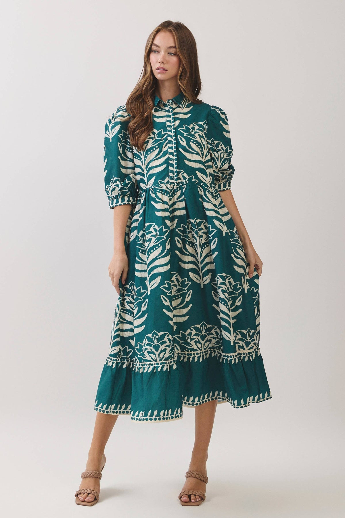 CD07496-Floral Print Puff Sleeve Midi Dress: BERRY / S