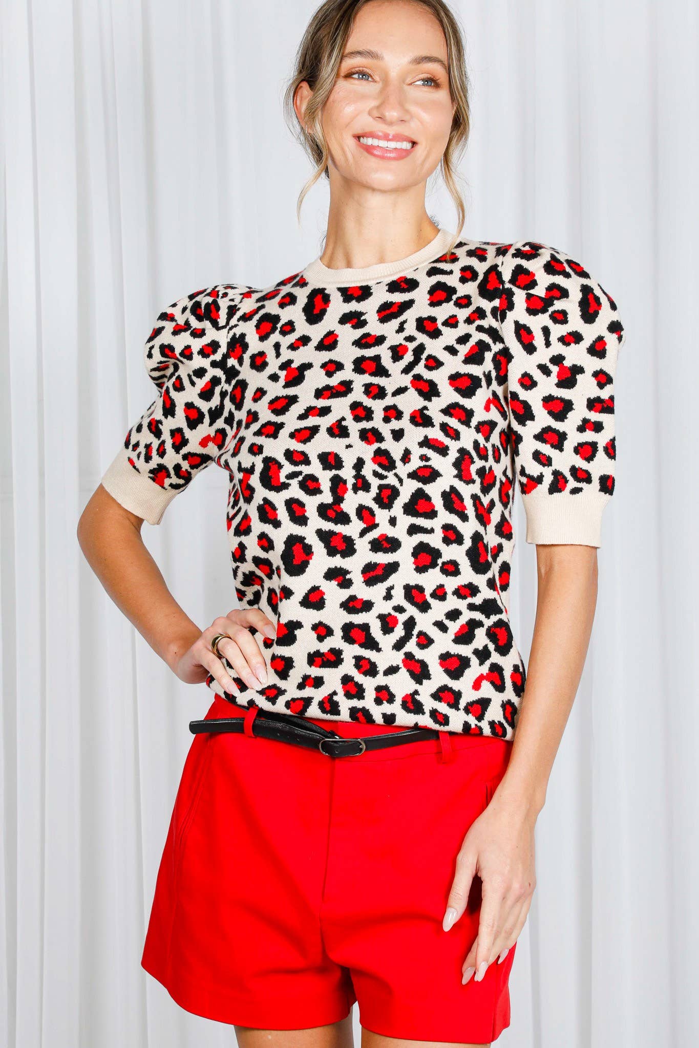 Leopard Crew Neck Jacquard Knitted Sweater Top VT81344E: Brown / S