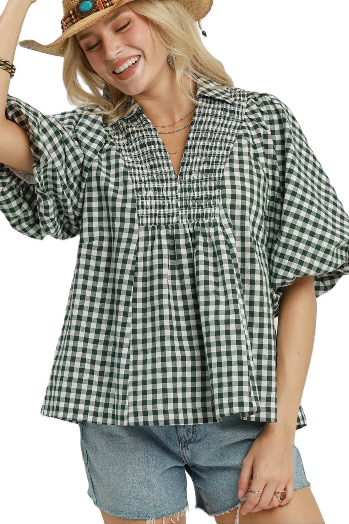 Gingham Smocked Yoke Puff Sleeve Blouse: BLACK / 2-2-2(S-M-L)