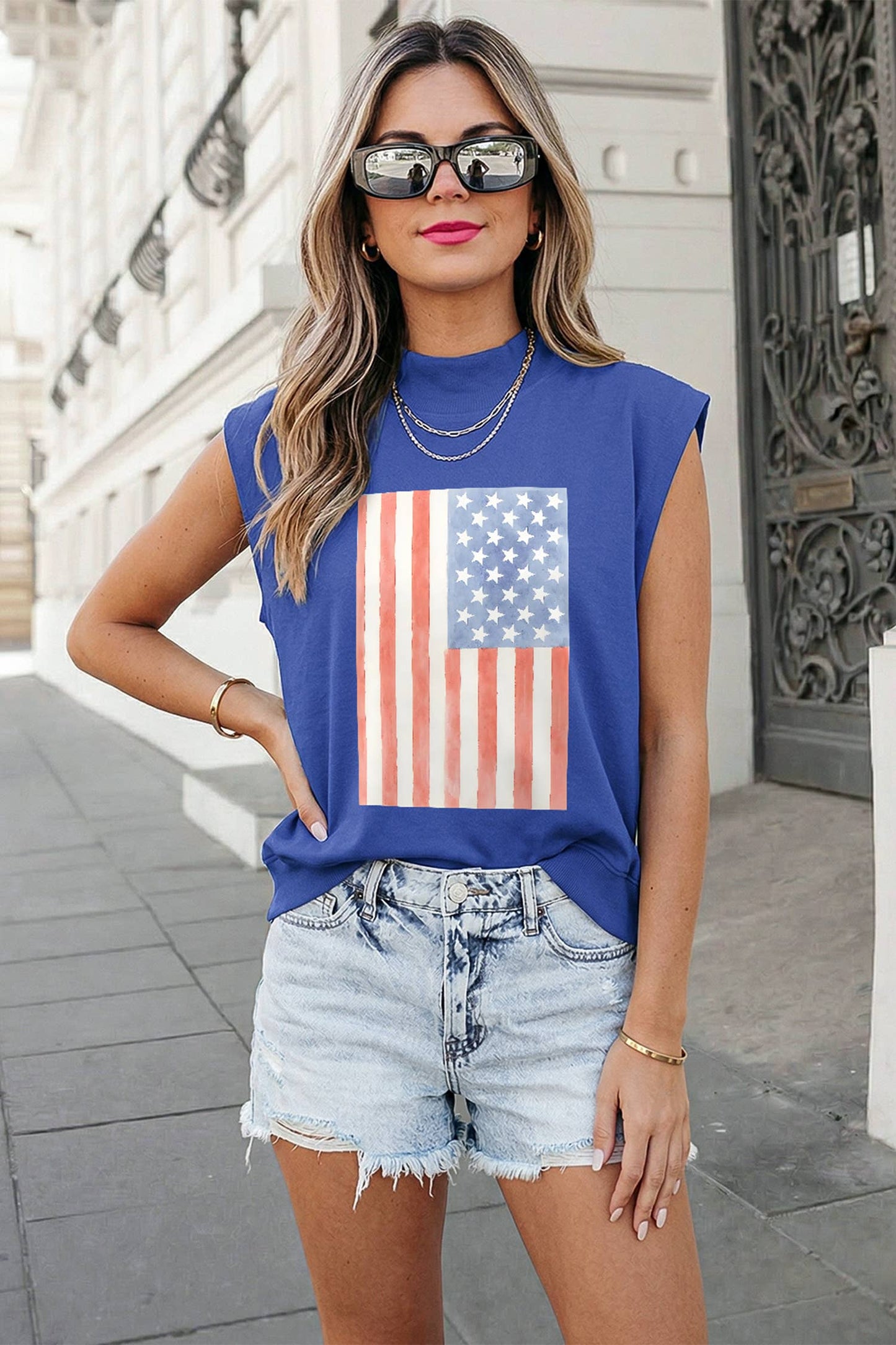 Retro American Flag Printed Mock Neck Tee | S-XL: Sky Blue / S