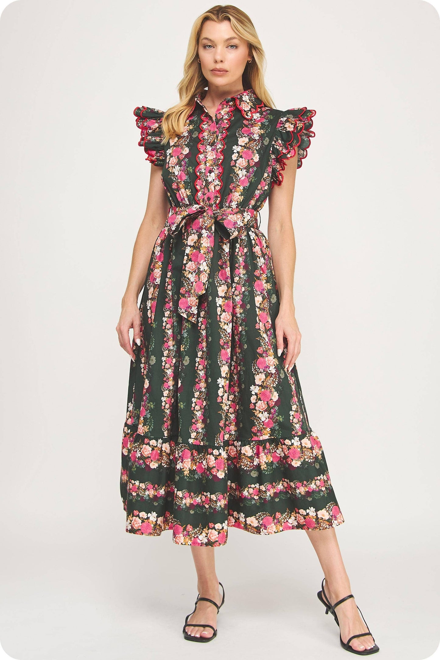 Ruffle Scallop Embroidery Floral Midi Dress: Deep Green/pink Multi / S