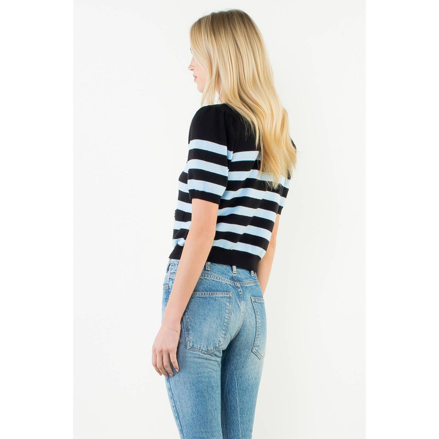 Short Sleeve Striped Knit Top: BLUE / XS-S-M-L(1-2-2-1)