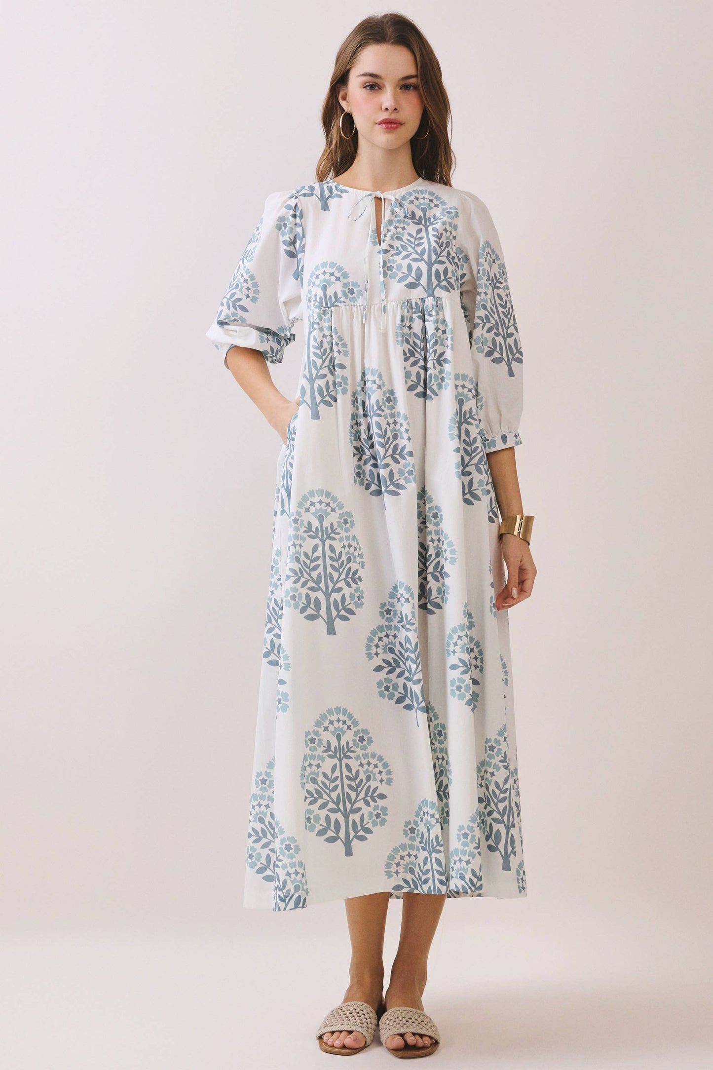 CD06780-Printed Keyhole Front Dress With Balloon Sleeves: Blue / L