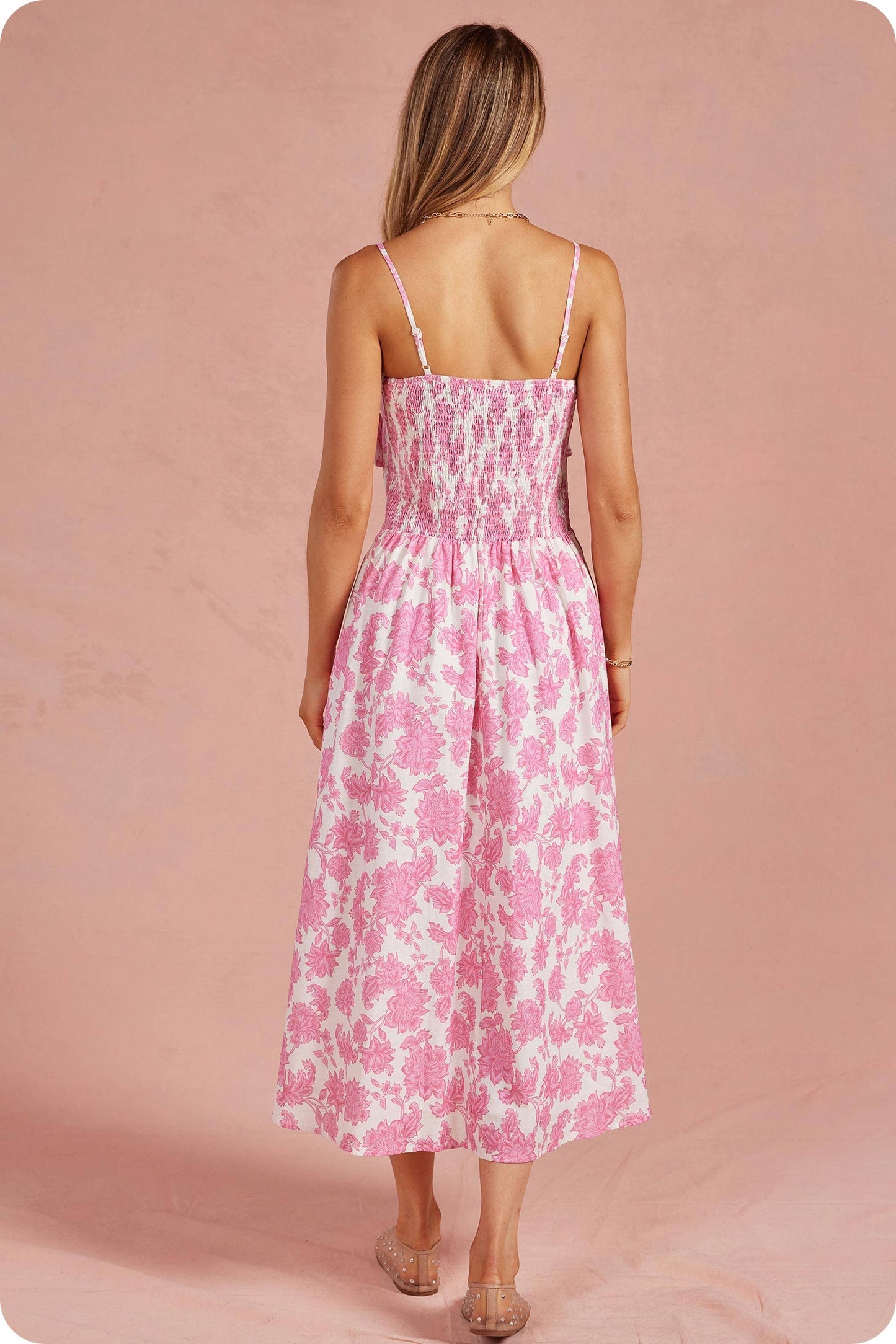 Botanical Garden Bow Flower Sleeveless Midi Dress: Pink/white / M