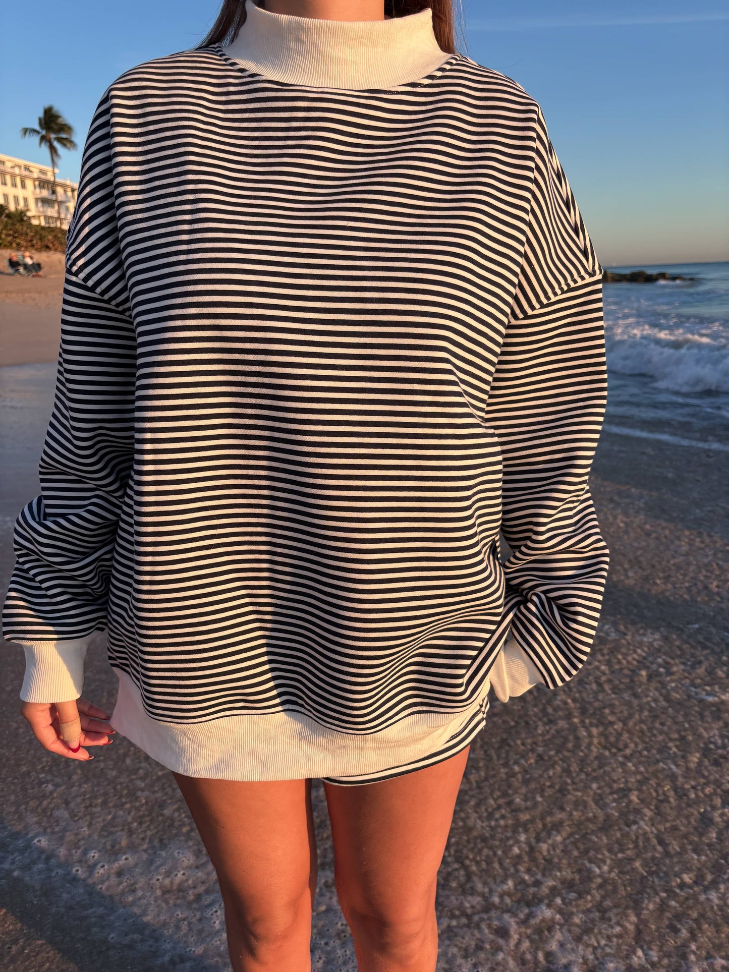 Dark Navy Blue and White Big Striped Mockneck Sweatshirt: Navy Blue/White Big Stripes / Medium