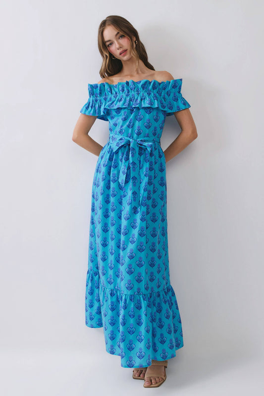 CD07146-Floral Print Off Shoulder Ruffle Maxi Dress: Blue / M