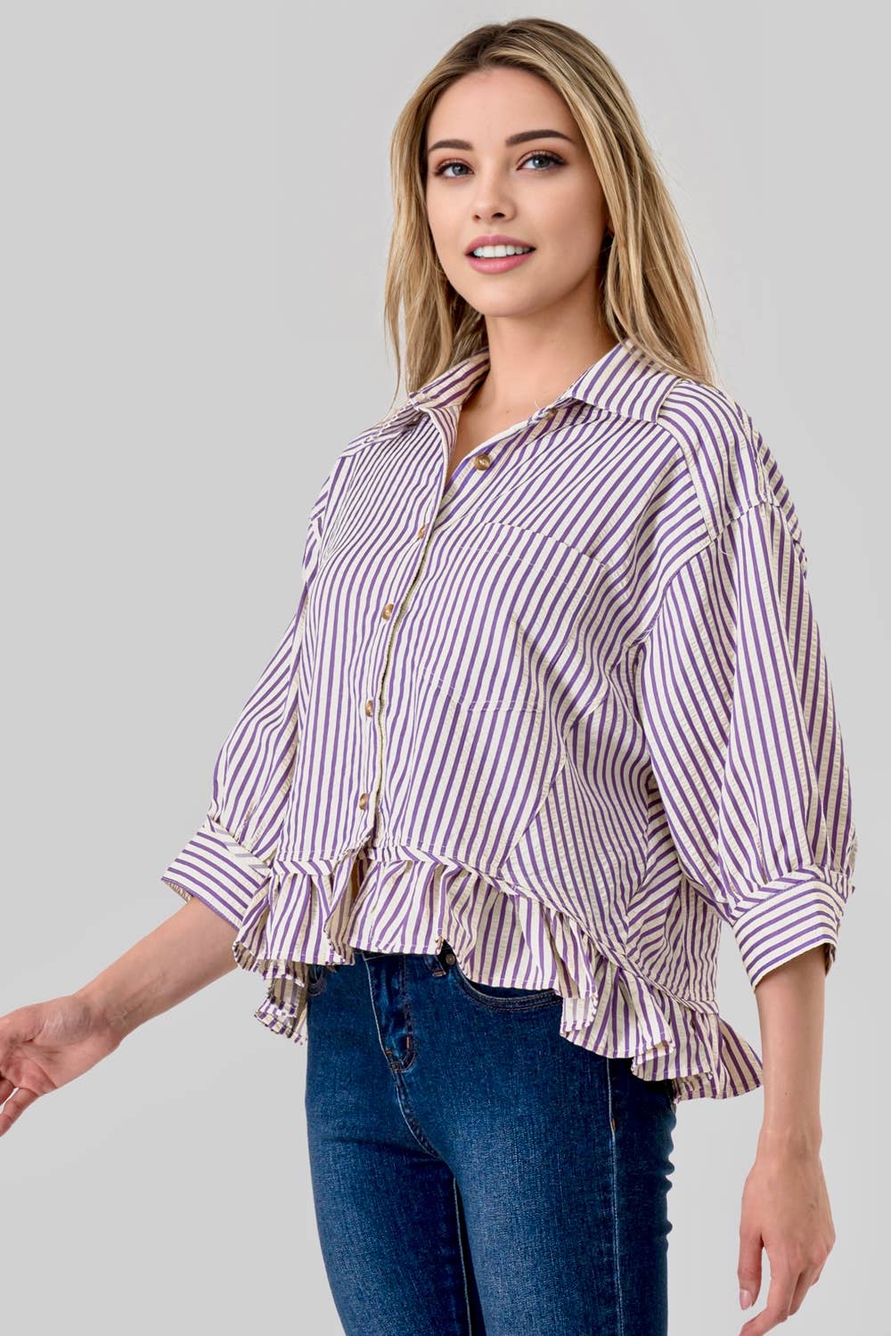 Mbt 9932 Game Day Parker Buttoned Striped Ruffle Top Purple