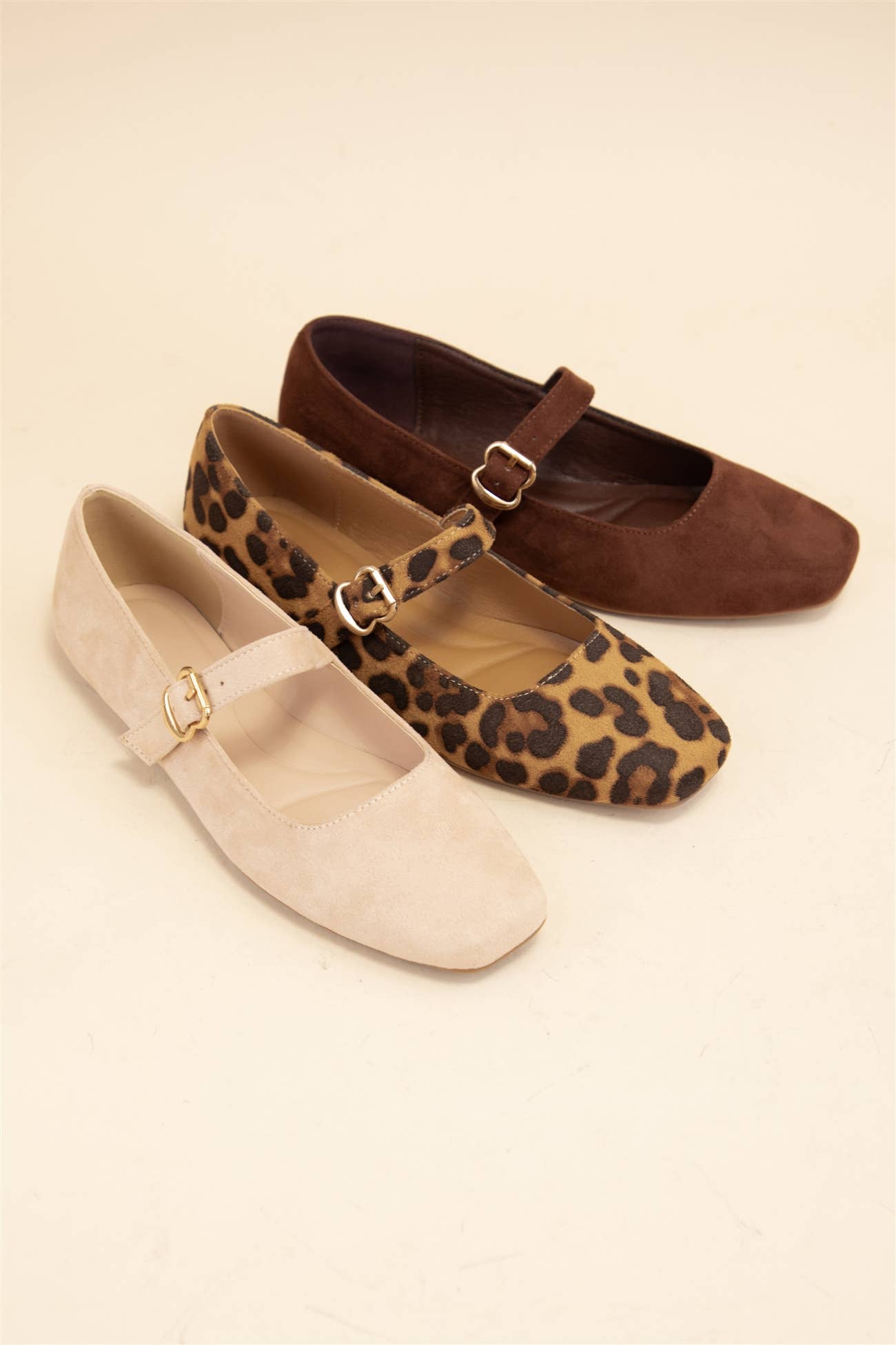 CHARLOTTE-10 BUCKLED STRAP SOFT SQUARE TOE MARY JANE FLATS: LEOPARD SUEDE / B12
