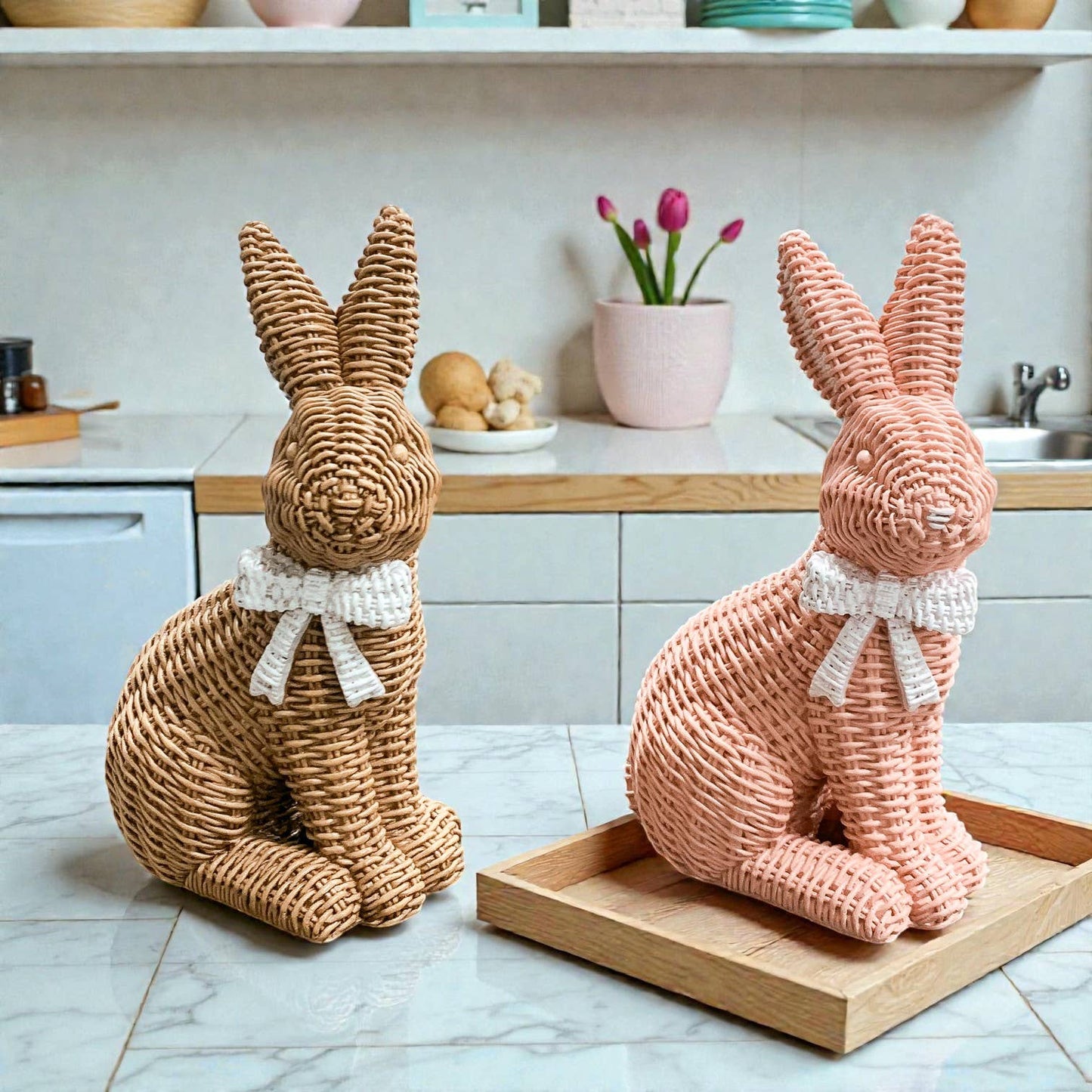 Rabbit Statue Wicker Weave Bunnies, Easter Bunny Home Decor: Brown