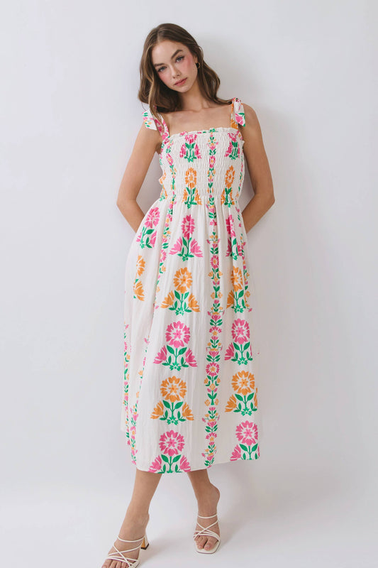 CD07037-Floral Print Smocked Bodice Tie Strap Midi Dress: Pink / L
