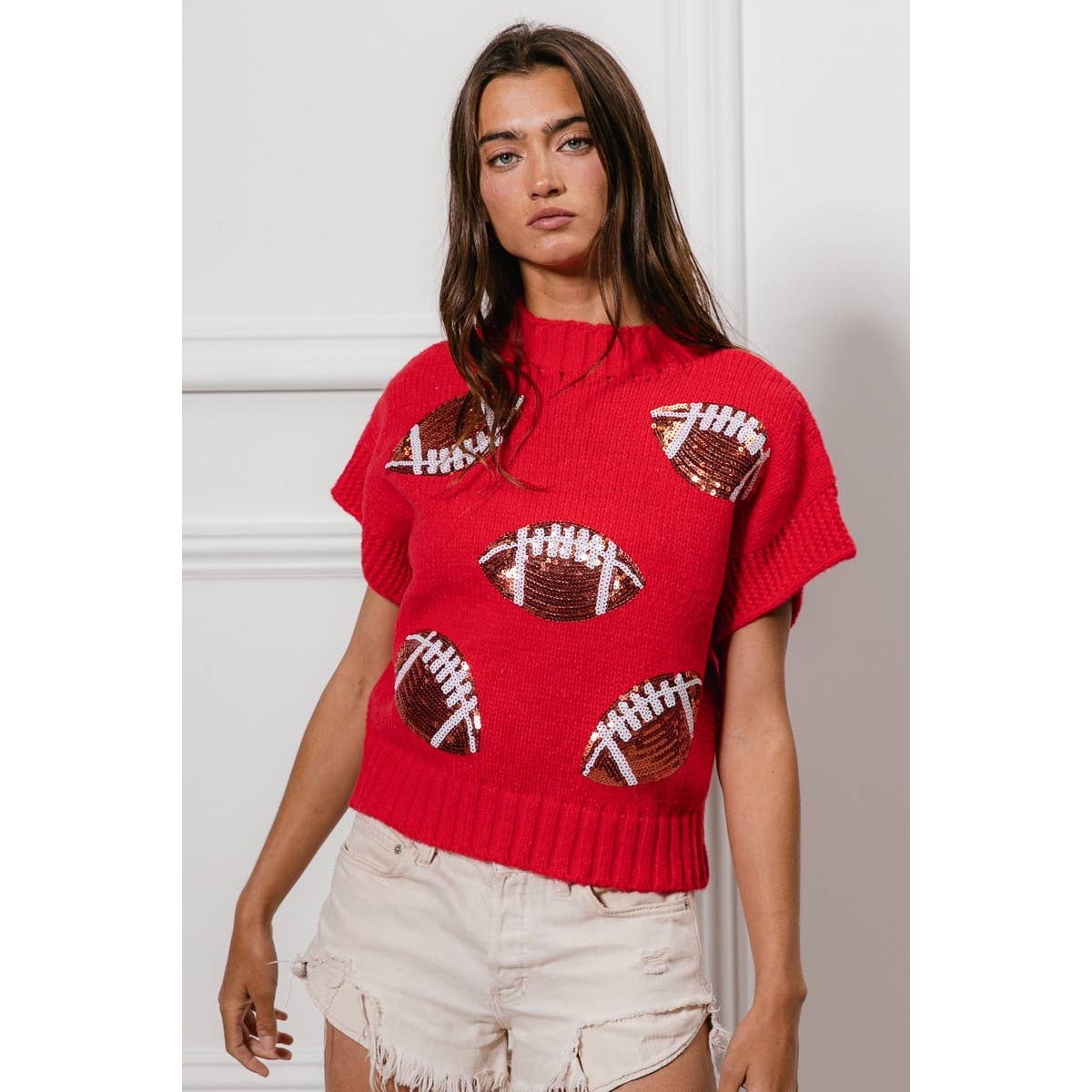 SEQUIN FOOTBALL PATCHES RIB BANDED SWEATER: OATMEAL / XL