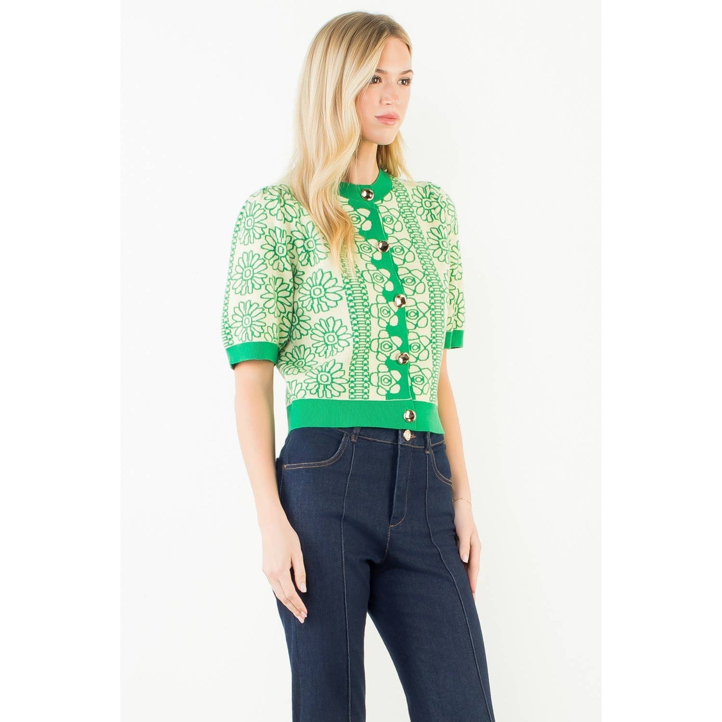 Short Sleeve Floral Pattern Button Up Top: GREEN / XS-S-M-L(1-2-2-1)