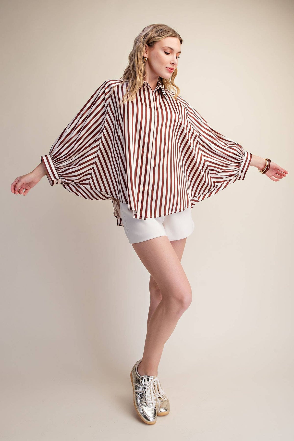 Stripe Wide Puff Sleeve Buttondown Shirt: Olive / L
