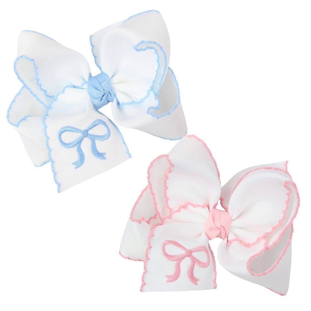 EMBROIDERED BOW CROCHET EDGE HAIR BOW ON ALLIGATOR CLIP : White/Light Pink / 4.5" Large