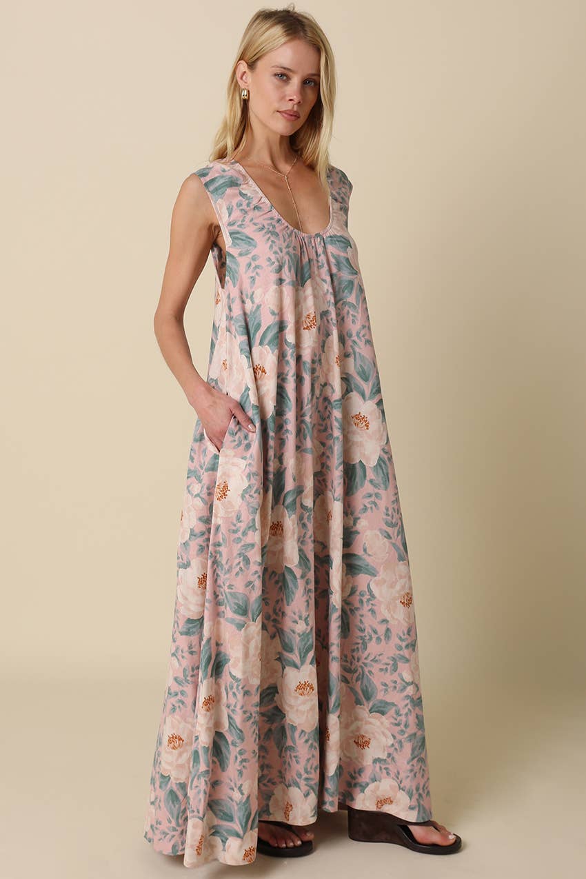 Edith Floral Sleeveless Dress: Blush Green / Contemporary / M