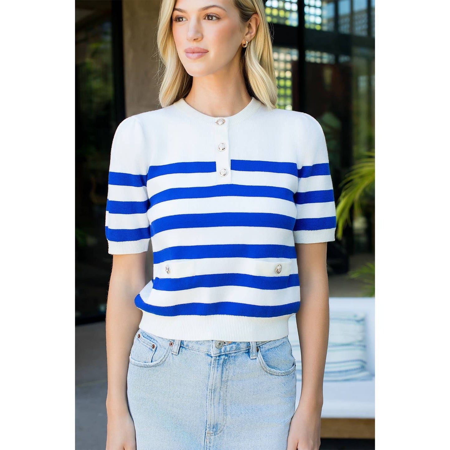 Short Sleeve Striped Knit Top: ORANGE / XS-S-M-L(1-2-2-1)