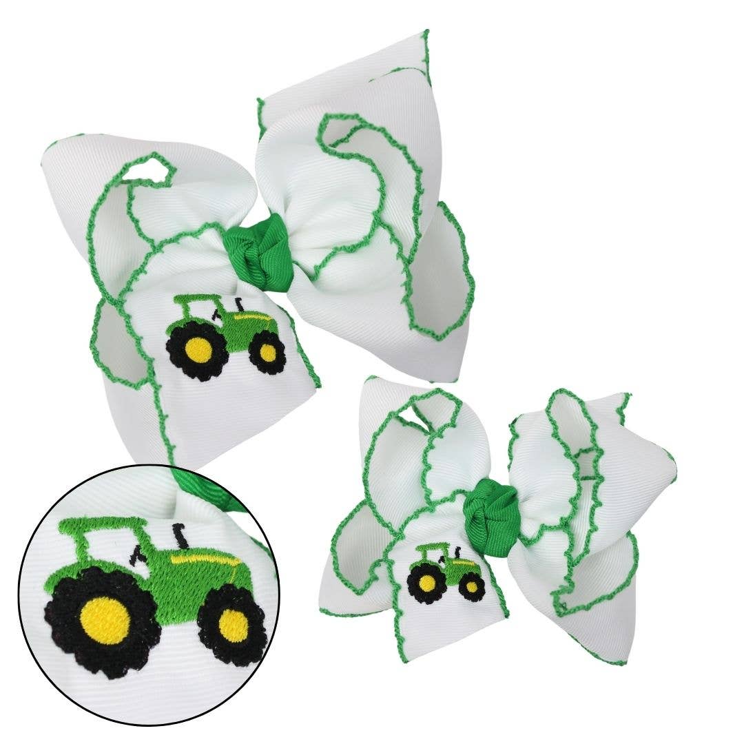 EMBROIDERED TRACTOR HAIR BOW ON ALLIGATOR CLIP : 4.5" Large