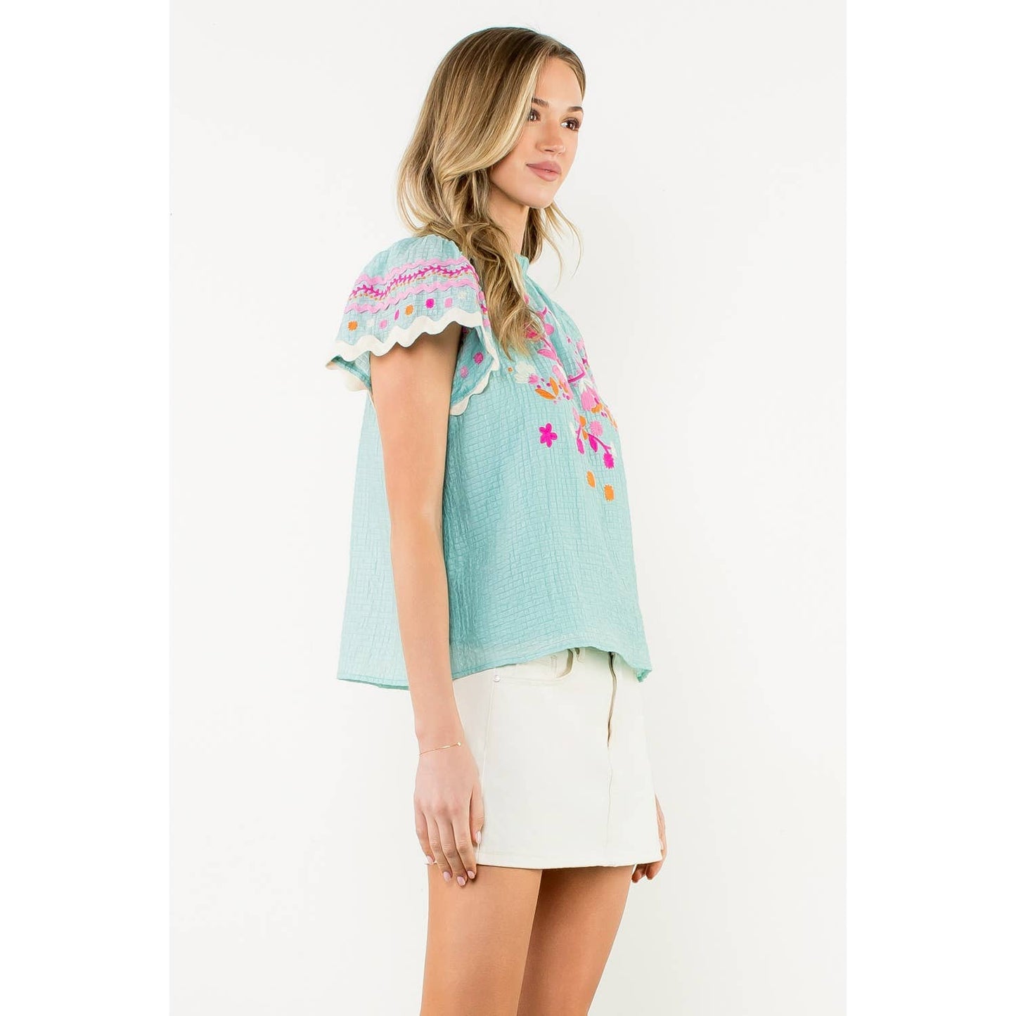 Flutter Sleeve Embroidered Detail Textured Top: AQUA / XS-S-M-L(1-2-2-1)