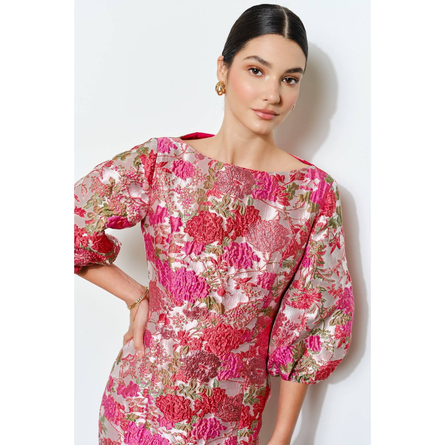 Luxe Metallic Floral Jacquard 3/4 Puff Mini Dress: CORAL / S