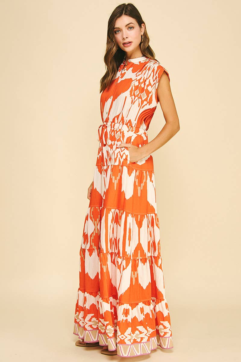GEOMETRIC PATTERN TIERED MAXI DRESS - 6198DB: BLUE MULTI / L