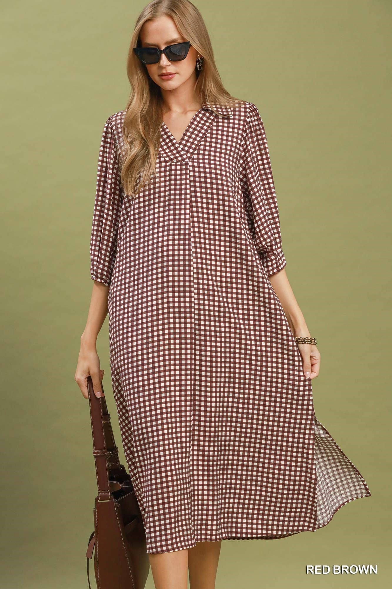 Gingham Check Collared Midi Dress: RED / 2-2-2(S-M-L)