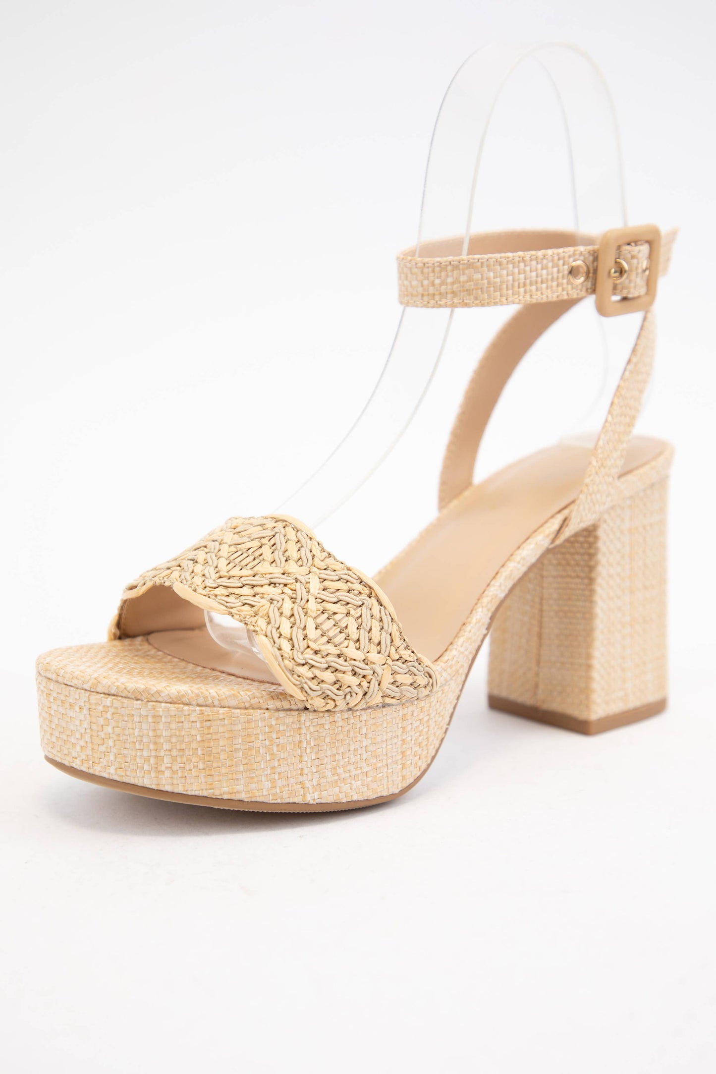 SNOOZE RAFFIA CHUNKY PLATFORM ANKLE STRAP HEELS: NATURAL RAFFIA / B16